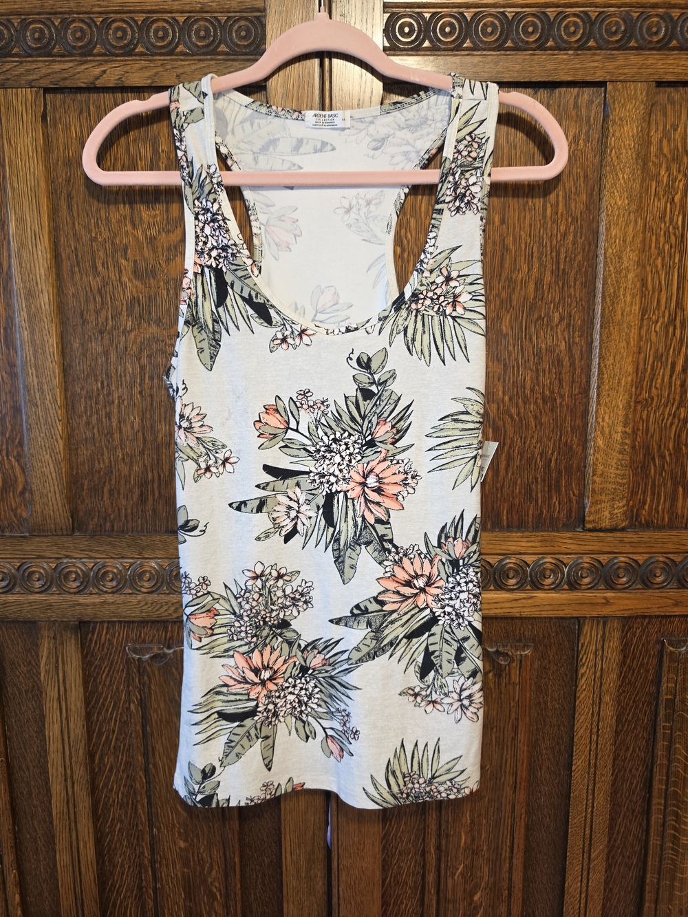 Ardene Floral Racerback Tank Top - Cream, Pink & Green